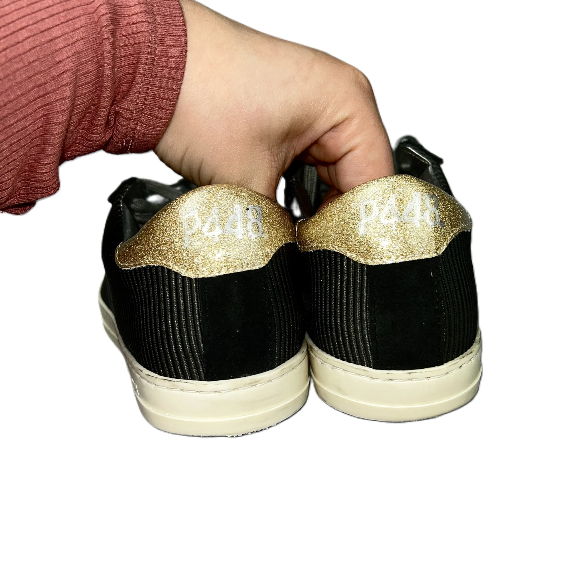 Black & Gold Shoes Sneakers By P448, Size: 6.5