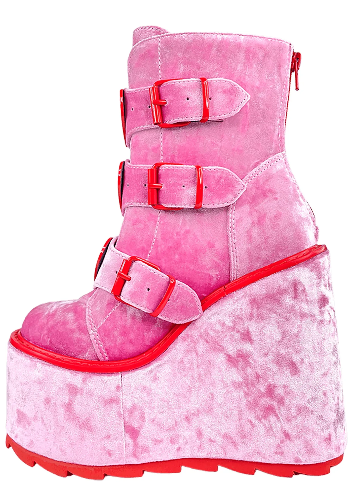 Dune Lo Heart Velvet Platform Boots in Pink Red